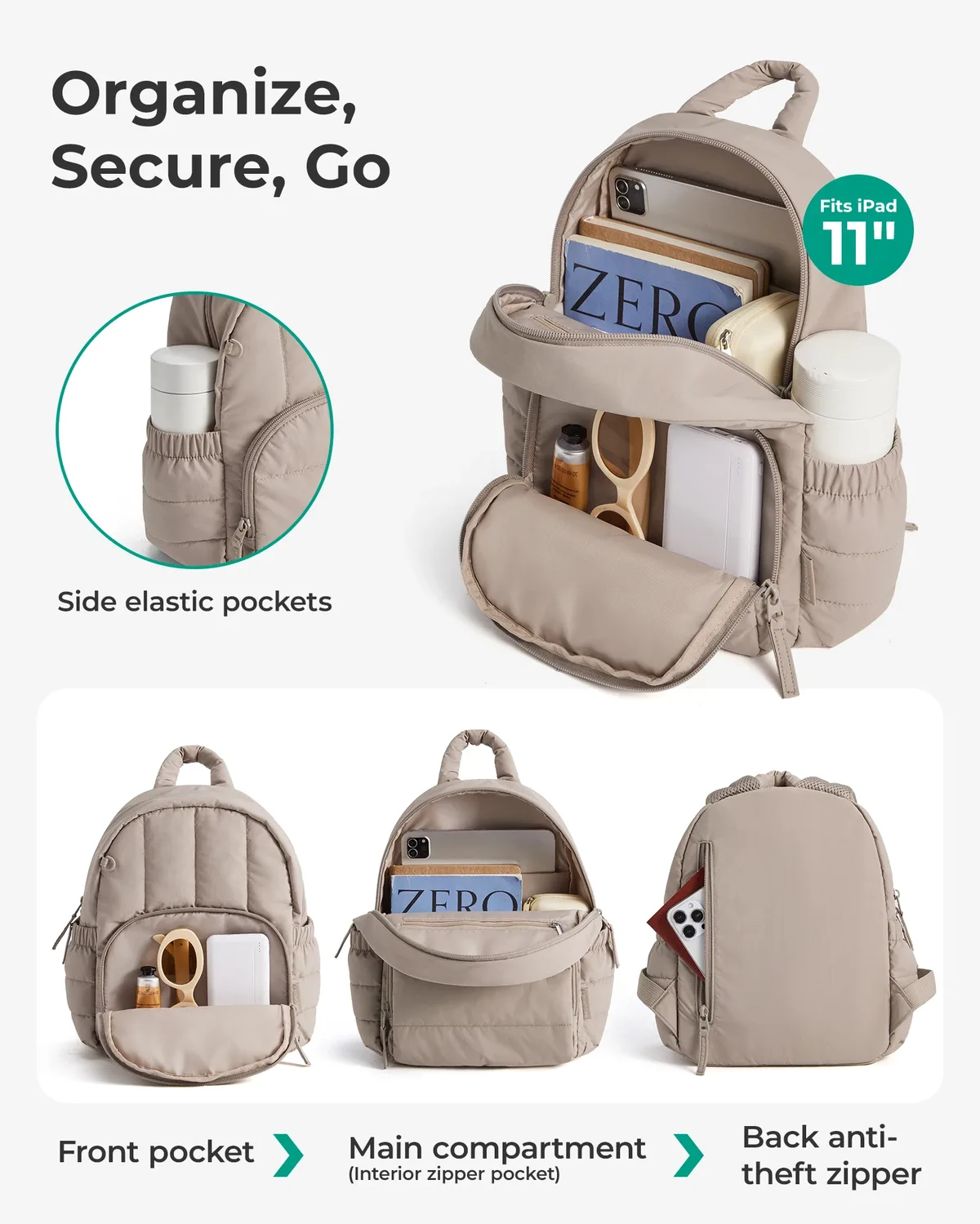 sac dos polyester beige motif quadrillé petit format voyage imperméable confortable transport journee usage quotidien