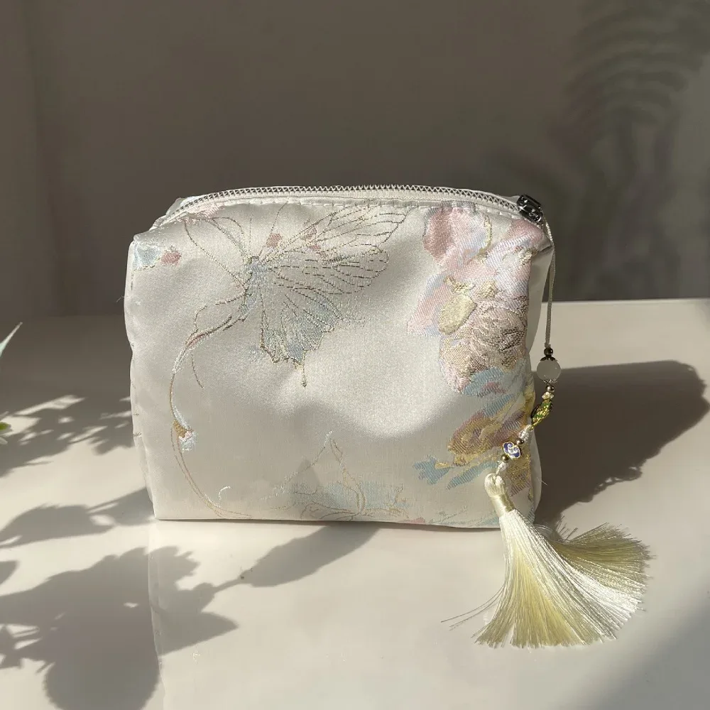 pochette cosmétique portable en polyester avec fermeture éclair, broderie florale, style chinois, organiseur de maquillage, pour voyage