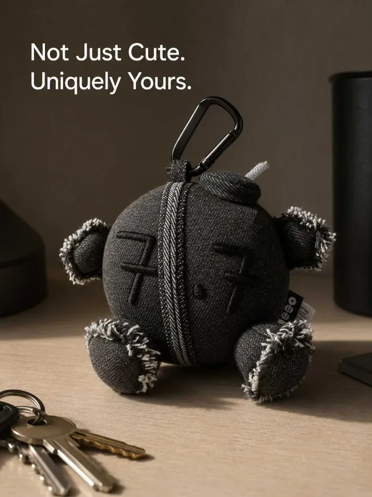 porte-clés ours en jean noir streetwear, style y2k effiloché, breloque de sac rembourrée, accessoire de quincaillerie tactique avec mousqueton, pour sac à dos gorpcore homme