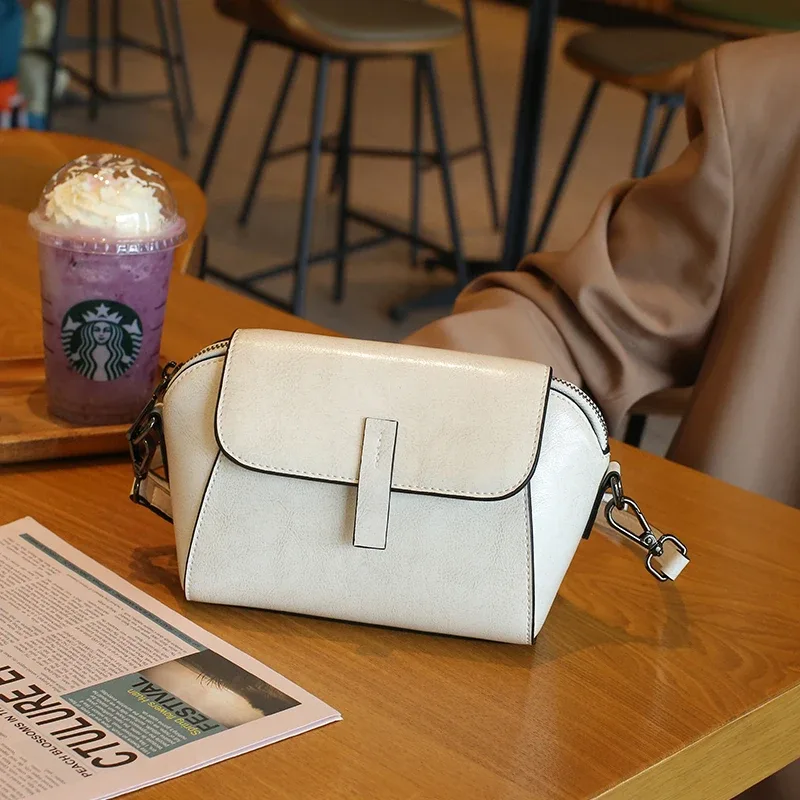 petit sac à bandoulière en cuir véritable de vache ciré à l'huile pour femme, sac à coque polyvalent à la mode, sac décontracté pour téléphone portable