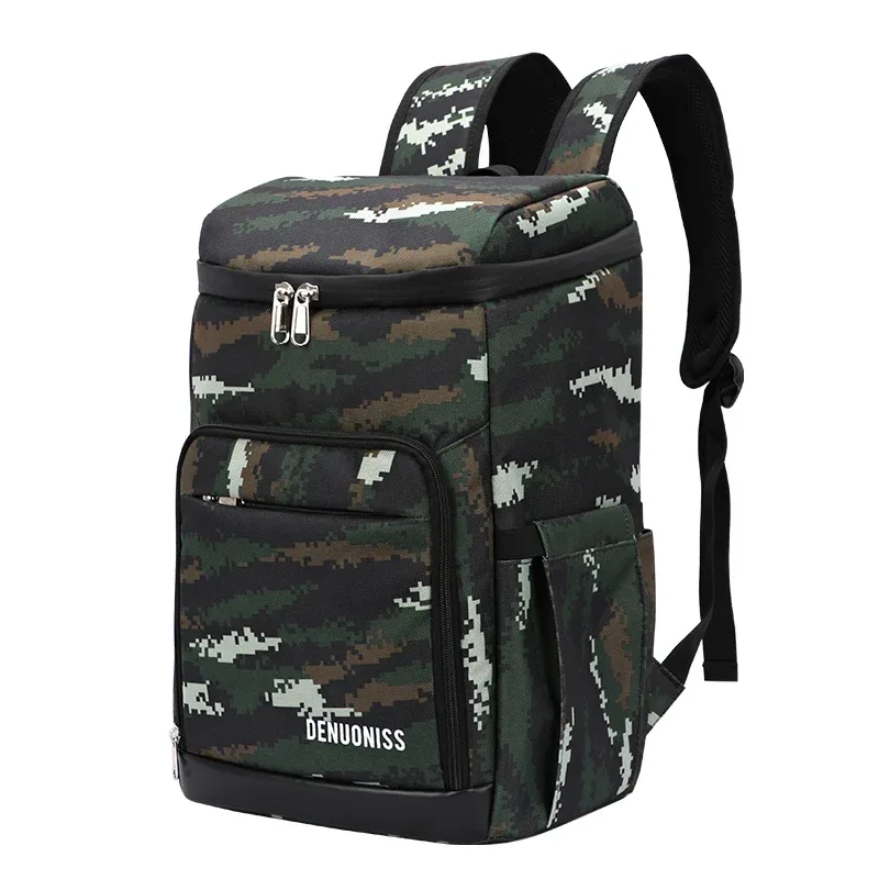 sac dos nylon bleu foncé motif camouflage thermique usage nourriture tissu résistant poche latérale zip fermeture éclair noire