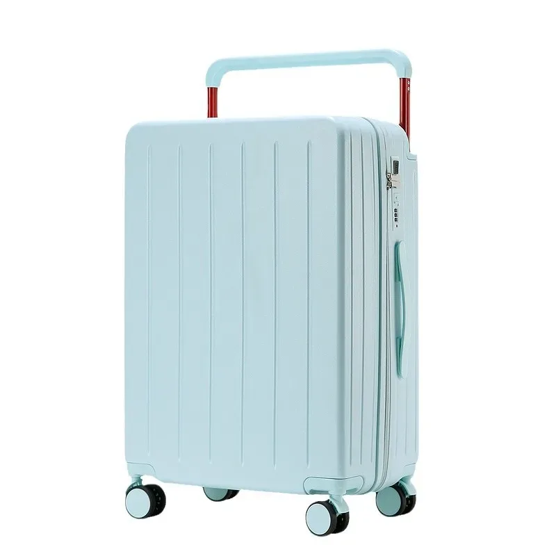valise pc roulettes toupie poignée support tasse couleur blanche noire bleu pastel format voyage moderne design bandes verticales