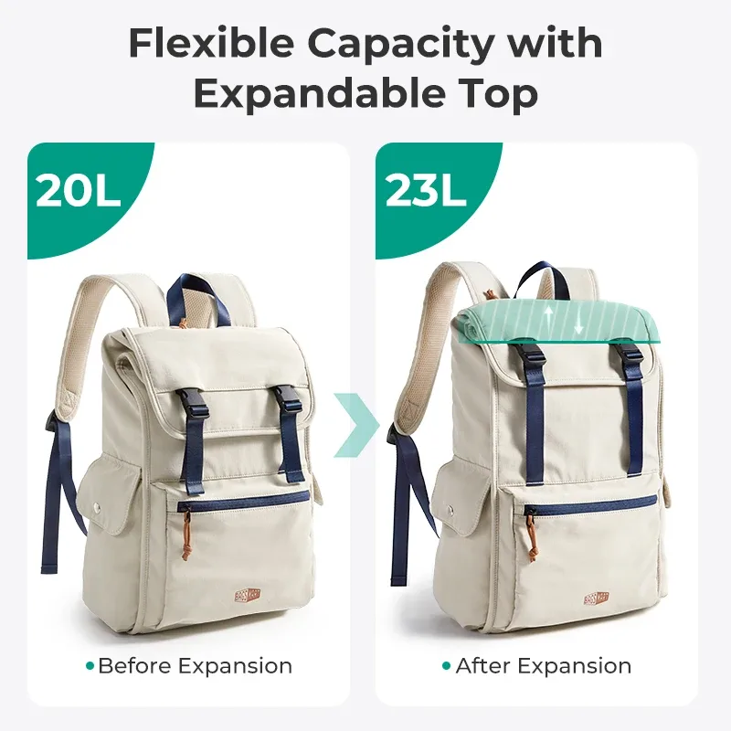 sac dos polyester beige accents bleus grande ouverture poches élastiques rembourré voyage unisexe collège université ordinateur portable