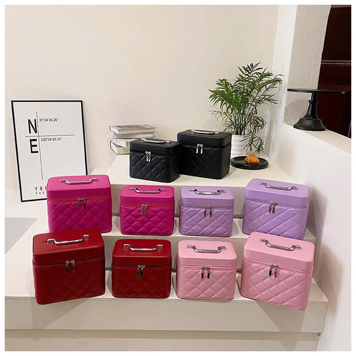 trousse de maquillage portable de luxe, étui à cosmétiques monochromatique, boîte de rangement de maquillage, carreaux de diamant rouge net, fil de littérature, nouveau