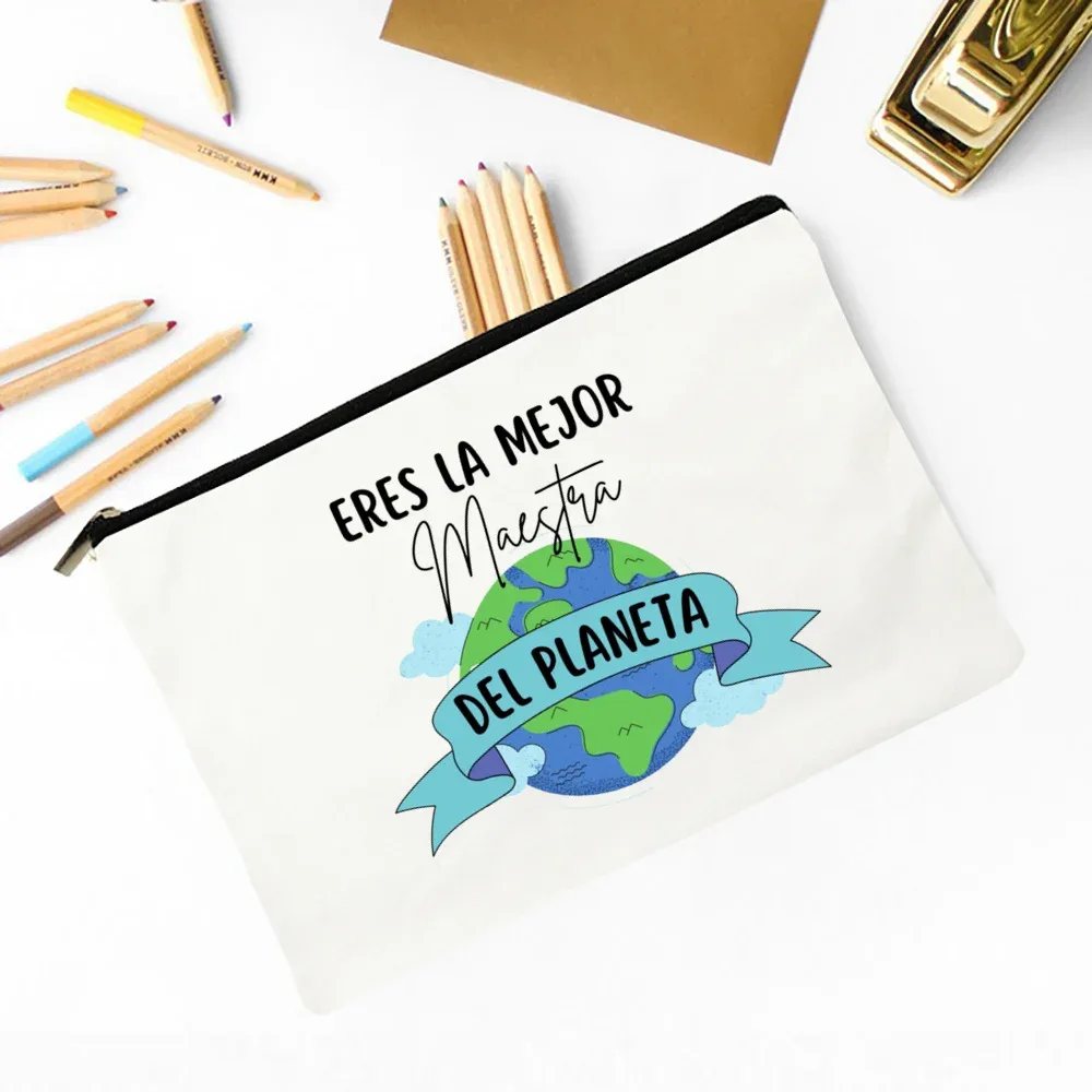 meilleur professeur du monde sac de maquillage imprimé espagnol nécessaire de voyage pochette de rangement d'articles de toilette sacs à crayons cadeau de diplômé pour enseignant