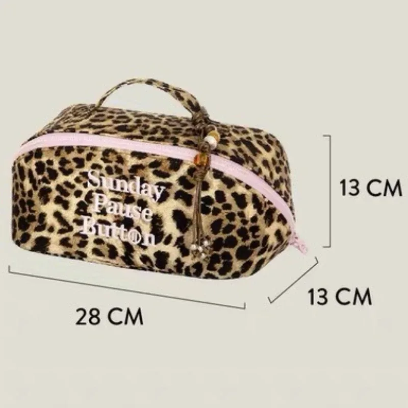 sac de maquillage pour femme à imprimé léopard, grande capacité, sac de toilette de voyage tendance, sac de rangement cosmétique à fermeture éclair pour femme