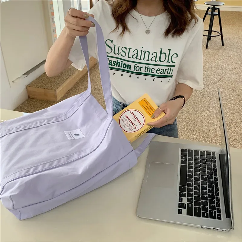 sac à bandoulière en toile de coton pour femmes, sac à main simple en tissu écologique, fourre-tout solide pour livres scolaires, sacs de shopping portables pour filles
