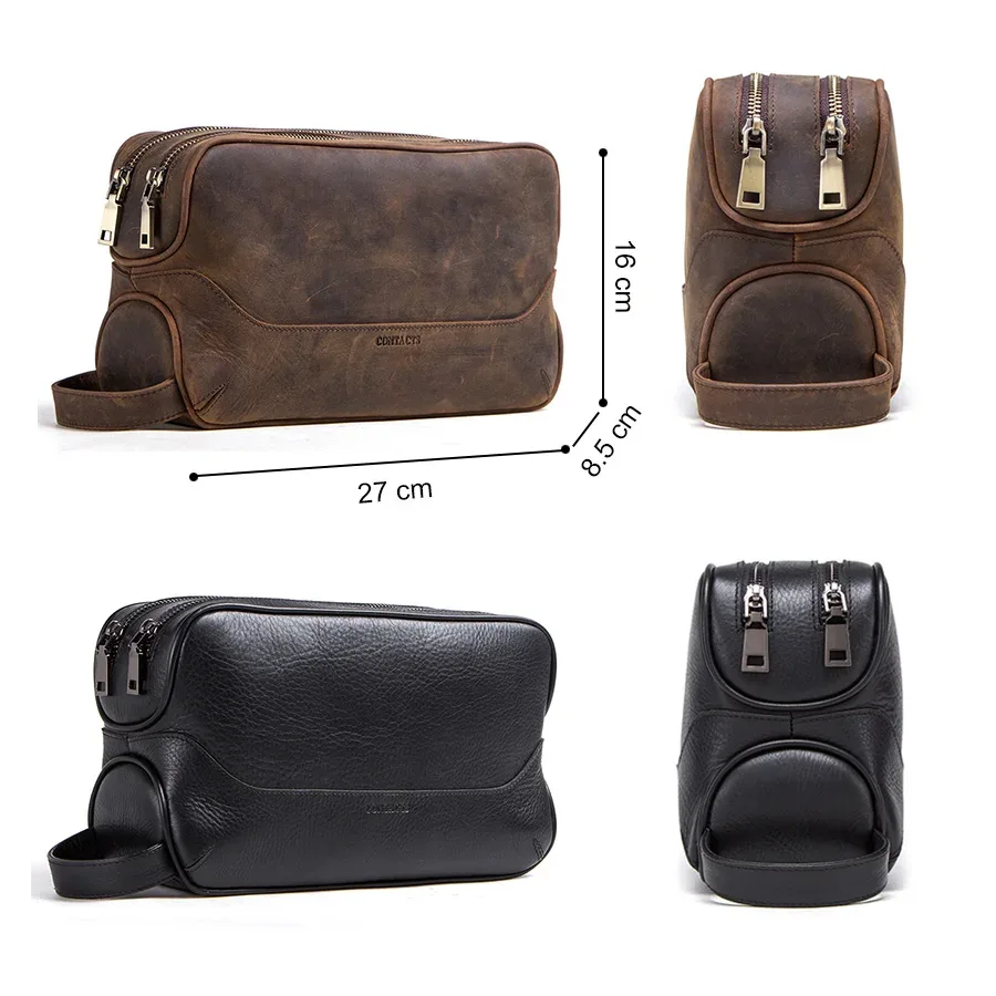 contact's-trousse de toilette en cuir véritable pour homme, trousses de toilette vintage, trousses de maquillage, sac de voyage, crazy horse