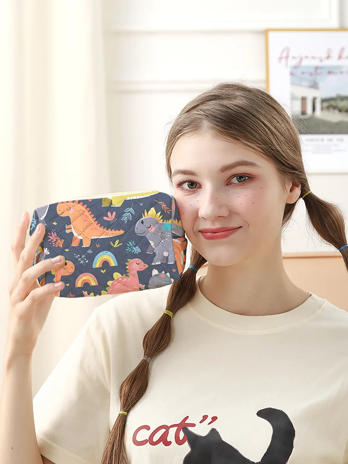 grande trousse à cosmétiques matelassée multicolore, motif dinosaure, arc-en-ciel, cœur, imprimé floral, trousse de maquillage à fermeture éclair, pochette de rangement de voyage pour enfants
