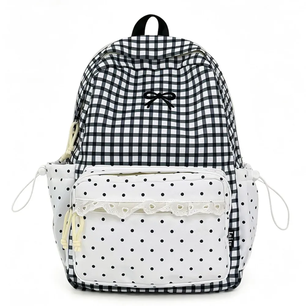 sac à dos y2k à pois, avec nœud et bordure en dentelle à carreaux, design à nœud, grande capacité, idéal pour les voyages.