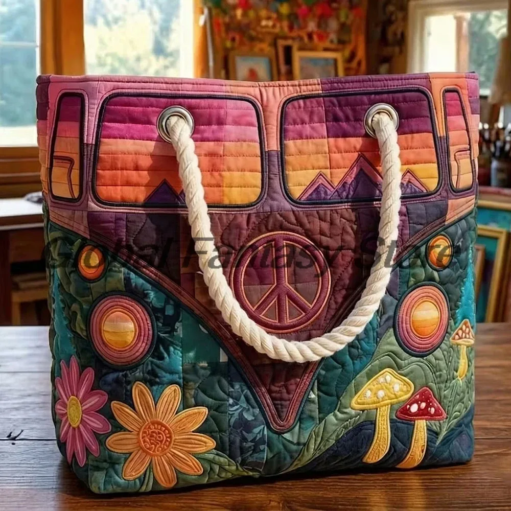sac de plage matelassé style hippie vintage, sac à bandoulière bohème avec imprimé floral et signe de la paix, sac à main quotidien pour hommes et femmes, sac de shopping