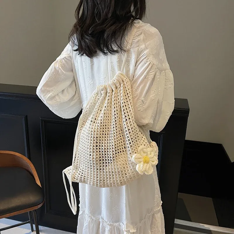 sac à bandoulière en tricot de couleur unie, sac à dos bohème en crochet de grande capacité ajouré, fourre-tout de voyage de plage polyvalent pour femmes