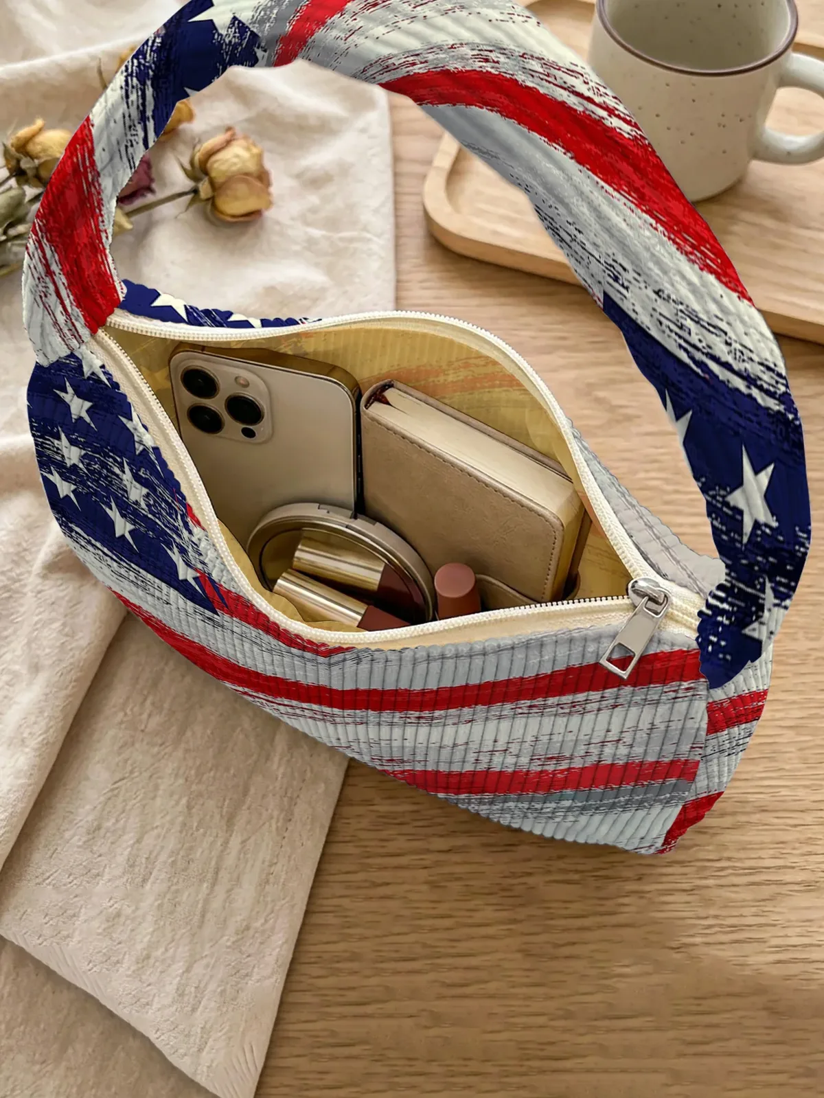 sac à bandoulière imprimé drapeau tendance, sac décontracté en velours côtelé pour tous les jours