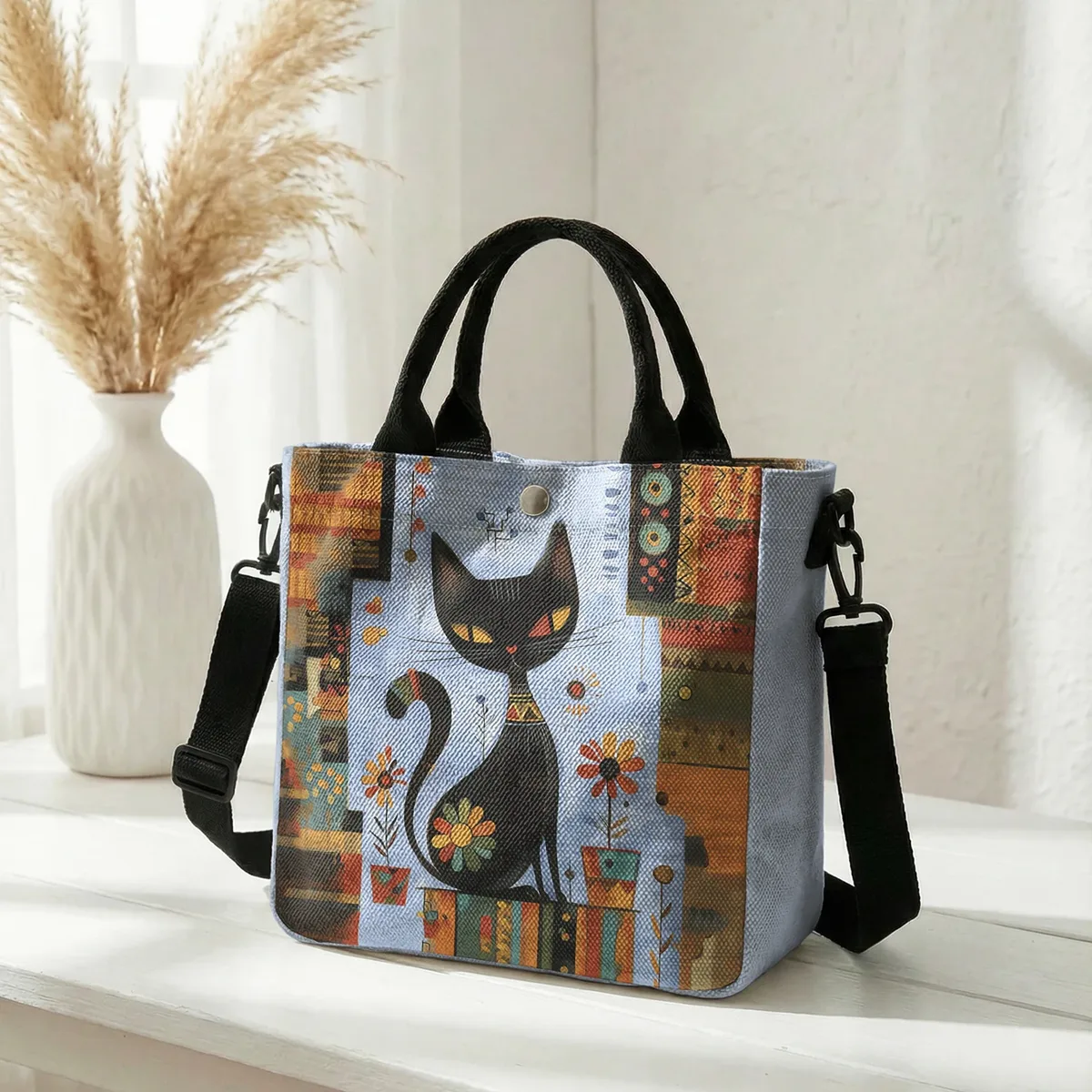 sac fourre-tout avec imprimé artistique de chat noir géométrique abstrait, sac à bandoulière avec sangle détachable pour femmes, pour les courses quotidiennes