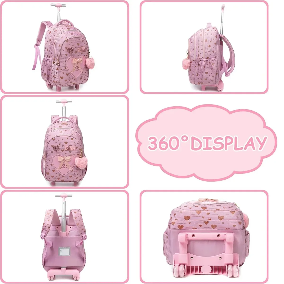 sac à dos à roulettes avec ruban nœud papillon pour enfants, sacs à dos mignons pour filles, sac à roulettes pour élèves du primaire