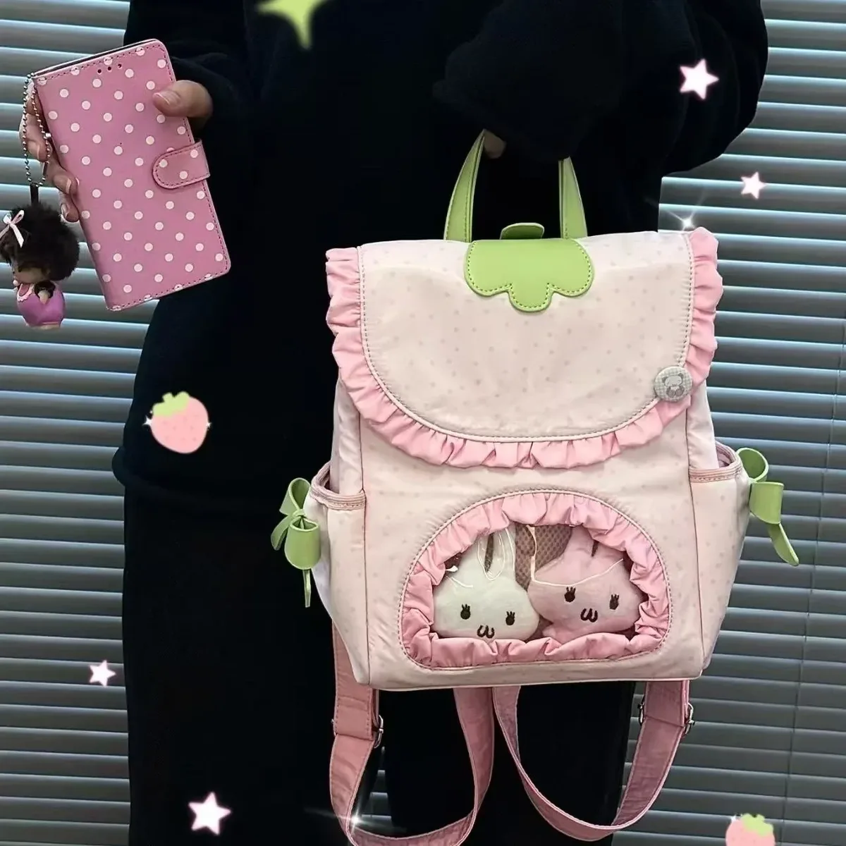 nouveau sac à dos ulzzang ita bag harajuku à pois fraises, mignon et adorable, style kawaii preppy, sac pour poupées y2k