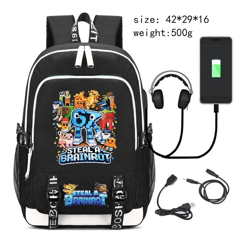 sac à dos steal a brainrot avec chargement usb, sac à dos pour étudiants, sacs d'école imprimés 67 six seven, sac à dos de voyage pour adolescents, sac à dos pour hommes