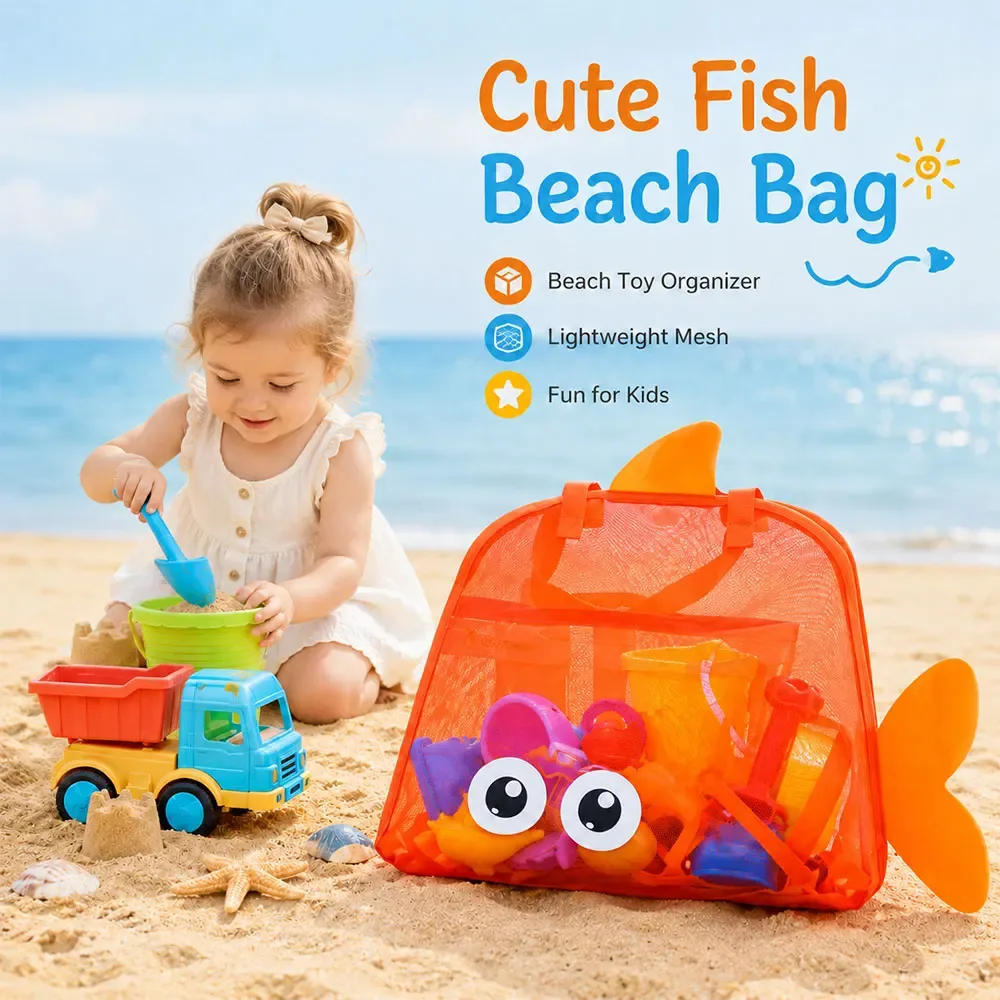 sac de plage en maille à motif de dessin animé, grande capacité, pliable, sac de rangement pour jouets de sable, sac de piscine léger pour la plage, les voyages et le camping