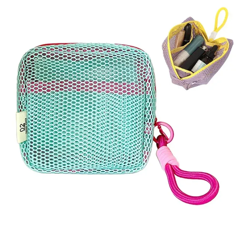 mini porte-monnaie portable en maille, trousse de maquillage en tissu maille dopamine, sac de rangement pour argent, rouge à lèvres et fards à paupières pour les voyages et le shopping
