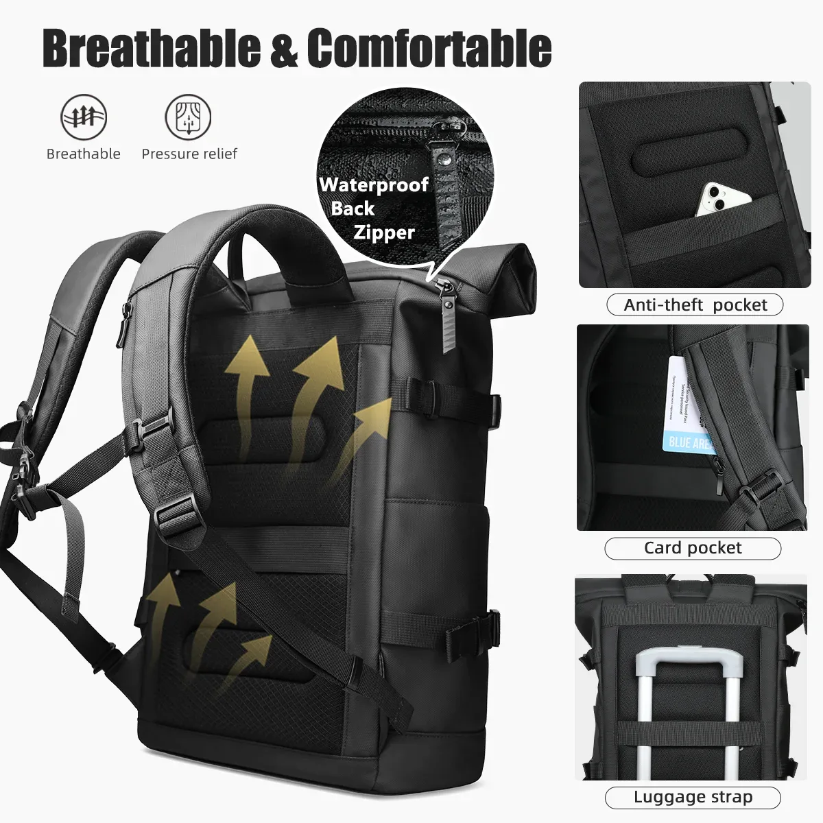 hk – sac à dos de voyage extensible pour hommes, grande capacité, sac à dos de randonnée étanche, sac à dos pour ordinateur portable de 17 pouces, sac d'école pour hommes