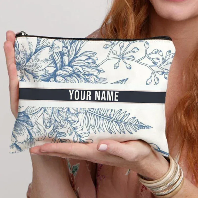 organisateur de cosmétiques de voyage avec nom personnalisé, pochette de rangement pour fournitures de bureau pour femmes, sac de maquillage en toile cadeau personnalisé, trousse à crayons