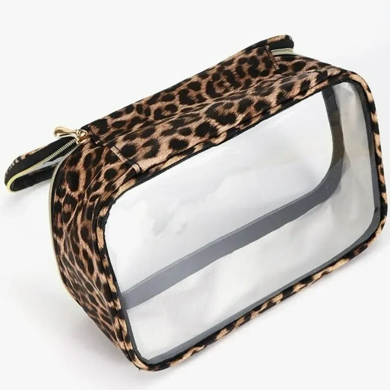 sac de maquillage transparent imprimé léopard, grande capacité, organisateur de cosmétiques de voyage, sac à cosmétiques étanche à fermeture éclair