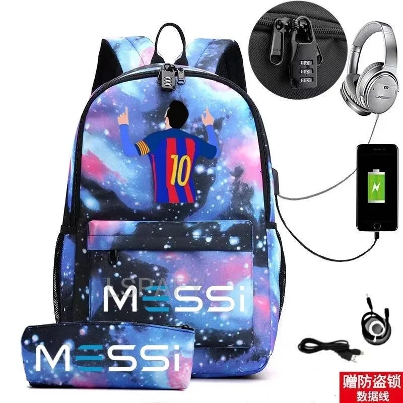 sac à dos messi tendance (lot de 2) – anti-vol, unisexe, simple, pour ordinateur portable, avec port usb, grande capacité, idéal pour les voyages, l'école, les garçons et les filles