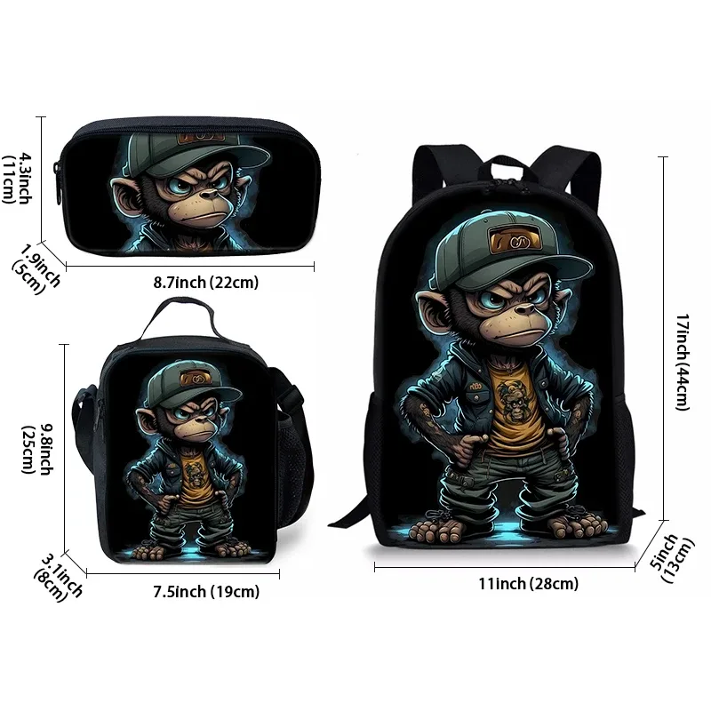 sac dos polyester noir motif singe stylisé bandoulière arquée couverture souple imperméable usage scolaire jeu décontracté