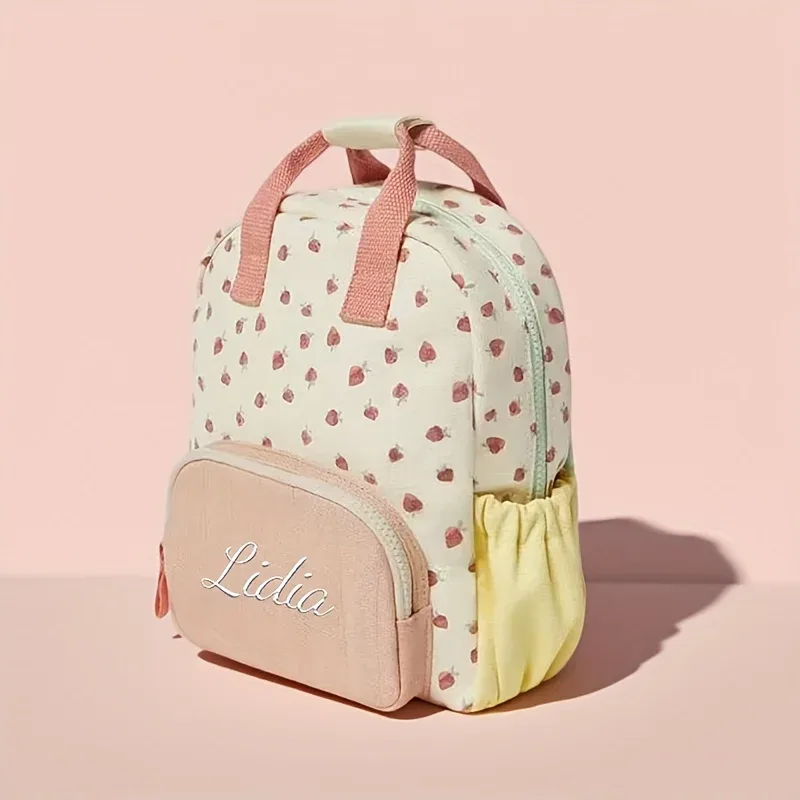 sac à dos scolaire personnalisé avec broderie de nom, motif fraise, pour filles, sac d'école maternelle, sac à main, sacs de voyage quotidiens pour adolescents, filles, garçons et enfants