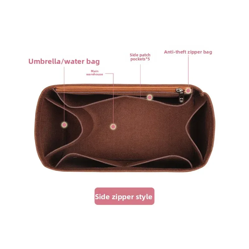 organisateur de sac à main en feutre marron avec poche zippée, doublure multi-compartiments pour sac fourre-tout, pour le travail, les voyages, le rangement (sac non inclus)
