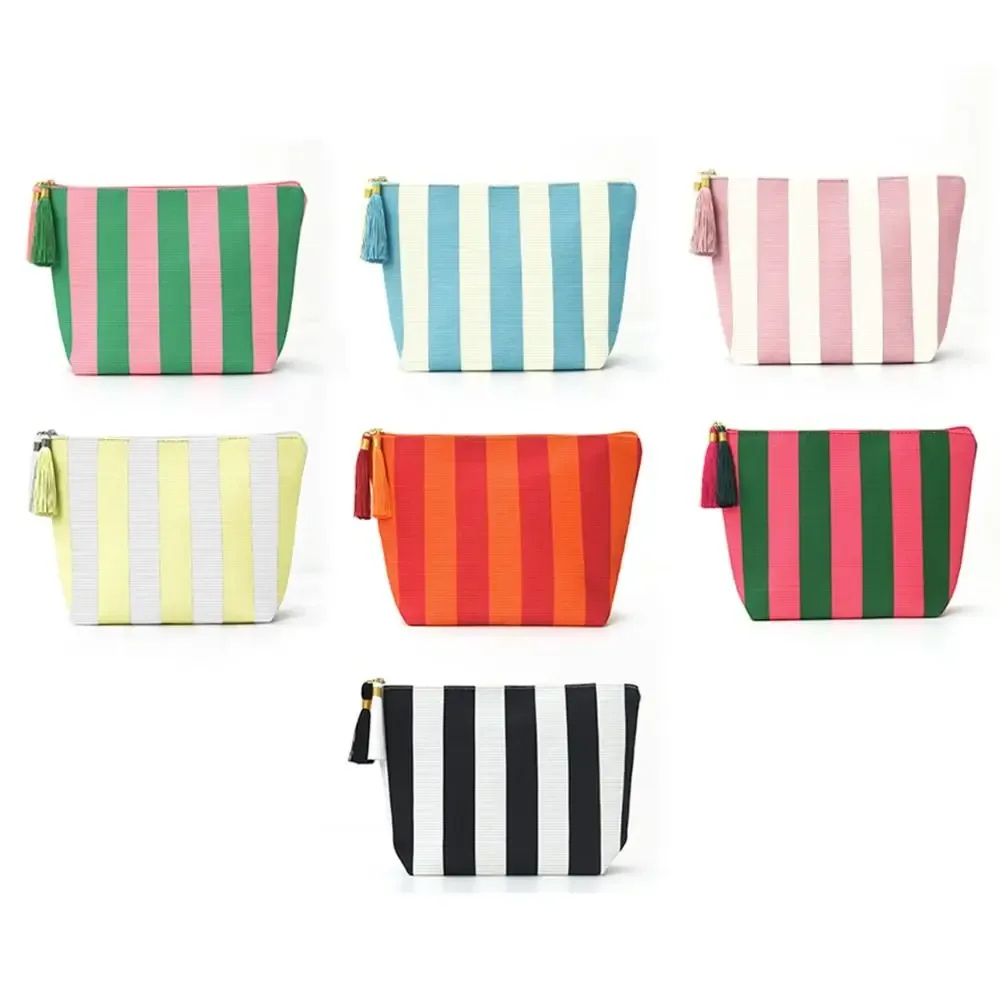 sac de maquillage portable en velours côtelé, grande capacité, motif rayé, sac de toilette, sac de rangement, utilisation en voyage