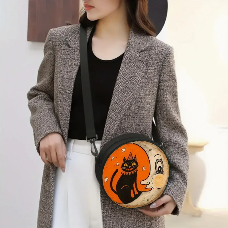 sac bandoulière rond pour femme, motif chat blanc et orange, avec fermeture éclair, sac à main tendance pour le travail, le shopping et les voyages