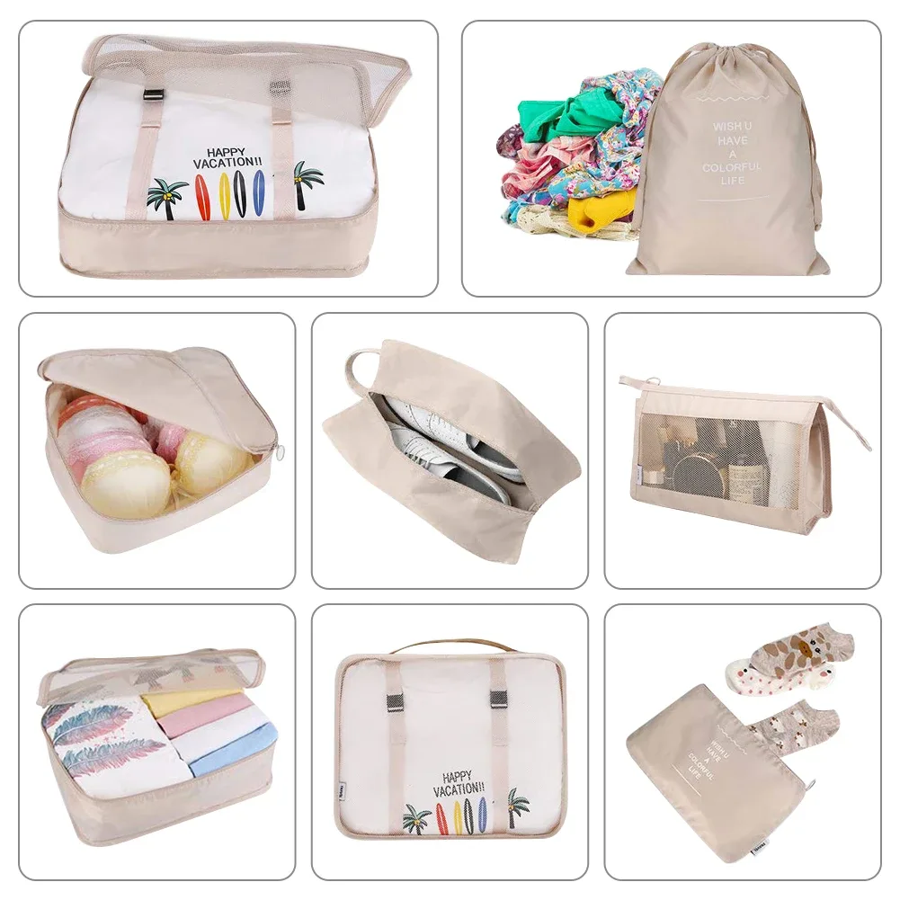 organisateur voyage beige clair motifs palmiers vagues grande capacité sac rangement nylon résistant eau polyvalent femmes