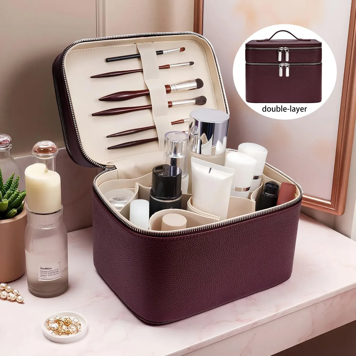 sac de maquillage professionnel portable à double couche, trousse à outils de soin de la peau, boîte de rangement en pu pour les cils, sac cosmétique multi-compartiments