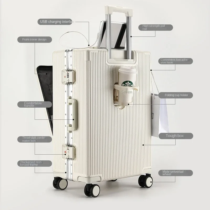 valise aluminium frame trolley rolling bagage beige bleu noir marron usb cup holder grande capacité voyage