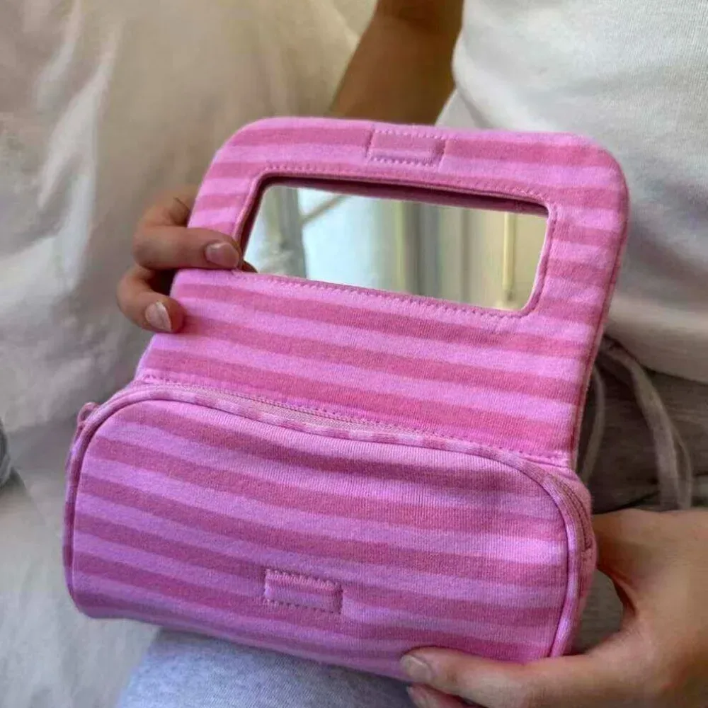 sac cosmétique portable en toile à pois, grande capacité, sac à rayures pour petits objets, multifonctionnel avec miroir de maquillage