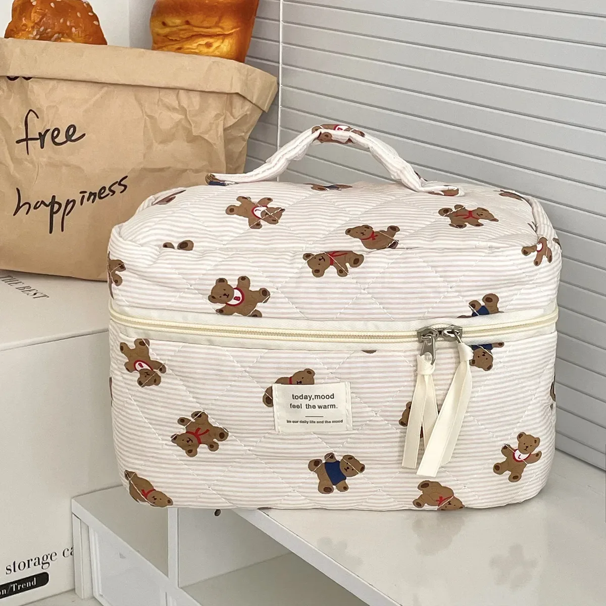 sac à cosmétiques motif ours rose beige pour femmes, joli organisateur de voyage de maquillage à fermeture éclair, sac à main féminin, pochette de toilette pour filles