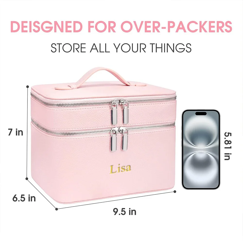 sac de maquillage professionnel portable à double couche personnalisé avec nom, trousse de soins de la peau, boîte de rangement pour produits de beauté, sac de maquillage multi-compartiments