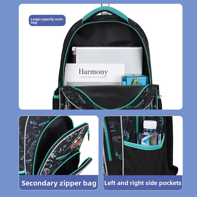 valise sac dos roulettes polyester noir bleu marine motif dinos saillies poche latérale épaule usage enfant garçon école voyage