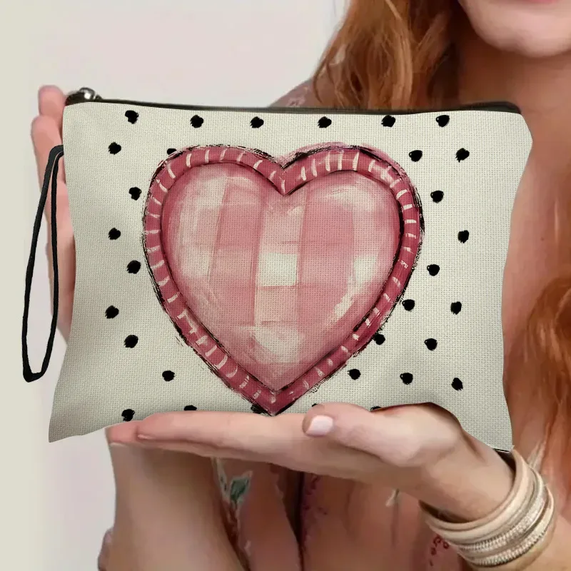 pochette de maquillage double face en forme de cœur rose pour la saint-valentin, sac de voyage pour rouge à lèvres, sac à crayons pour étudiant, sac à fermeture éclair pour cadeau