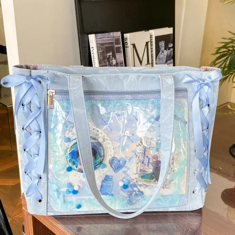 nouveau sac à bandoulière y2k avec nœud en ruban, style japonais ita, pochette transparente mignonne pour fille, grande capacité, sac fourre-tout à bandoulière, sacs à main diy pour affichage