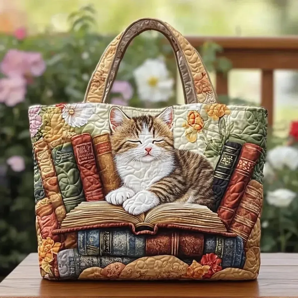 sac fourre-tout matelassé à motifs de chats pour femmes, sac à bandoulière en toile légère vintage, sac de voyage en coton de grande capacité pour femme et fille