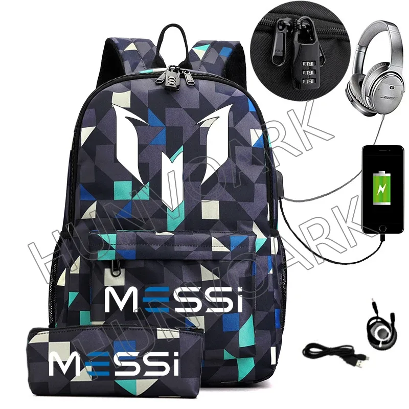 messi-sac à dos étanche avec chargeur usb, sac à dos de voyage décontracté, grande capacité, sacs d'école pour ordinateur portable, hommes et femmes