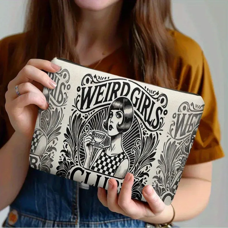 sac de maquillage chic gift weird girls club, pochette à cosmétiques vintage à motif floral et à carreaux avec fermeture éclair pour voyage, sac de rangement d'articles de toilette