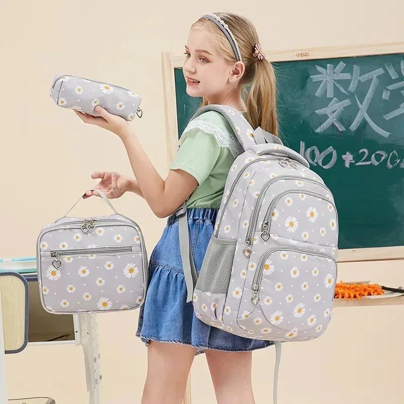 sac à dos d'école à motif marguerite, trousse à crayons, sac à main, ensemble de trois pièces, tissu en nylon imperméable, sac à dos tendance pour garçons, filles et adolescents