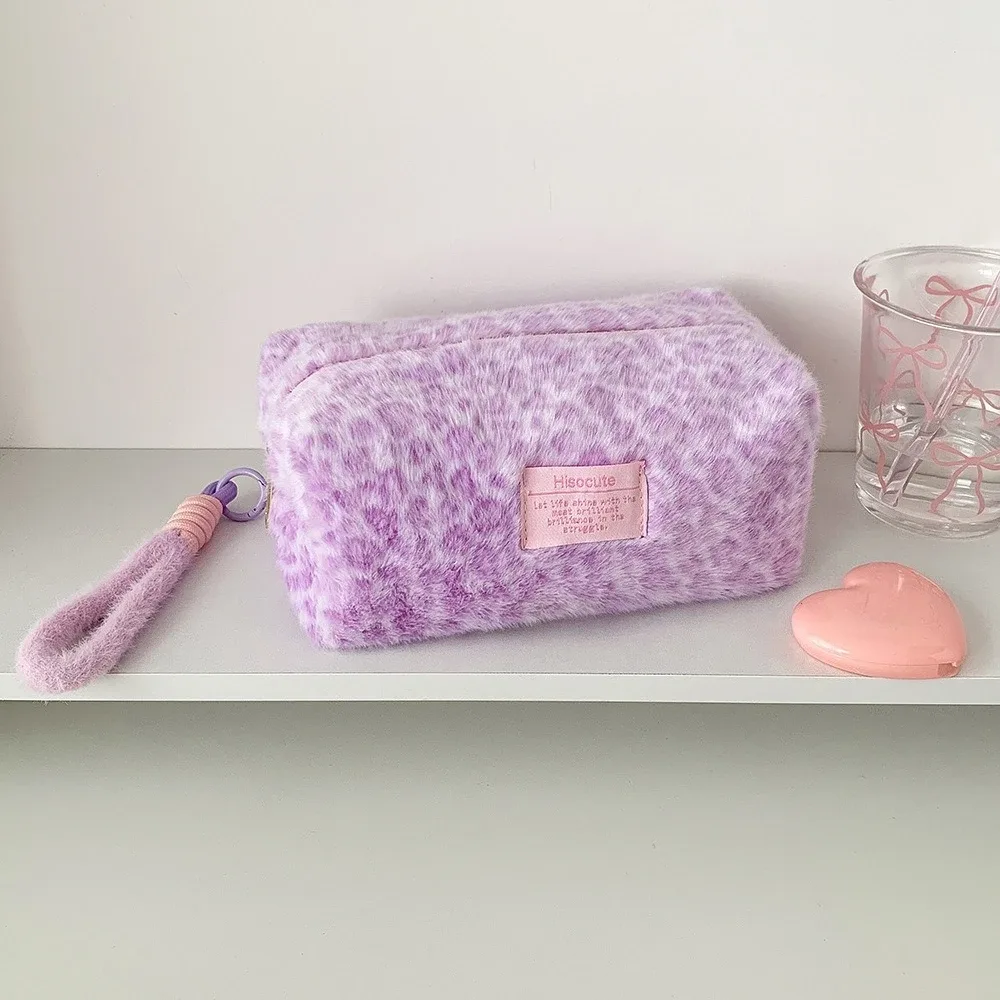 sac de voyage portable en peluche mignon, rose, imprimé léopard, pour écolière, grande trousse de maquillage, sac fourre-tout cosmétique pour femmes