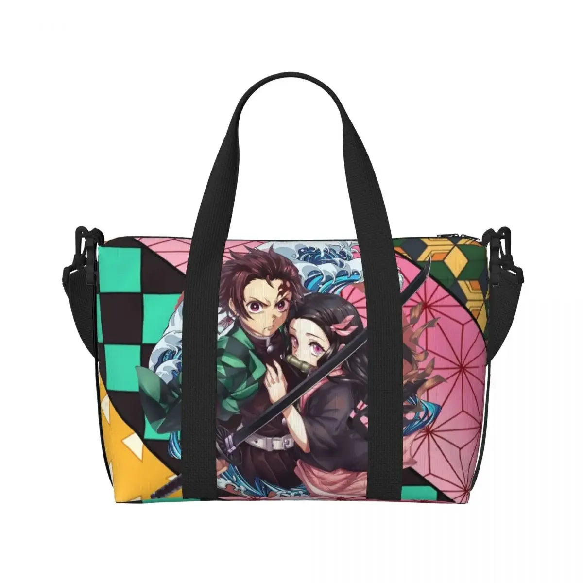 sac fourre-tout de plage personnalisé demons slayers anime manga pour femmes, tanjiro kamado nezuko, grand compartiment, sacs de voyage de plage de gym