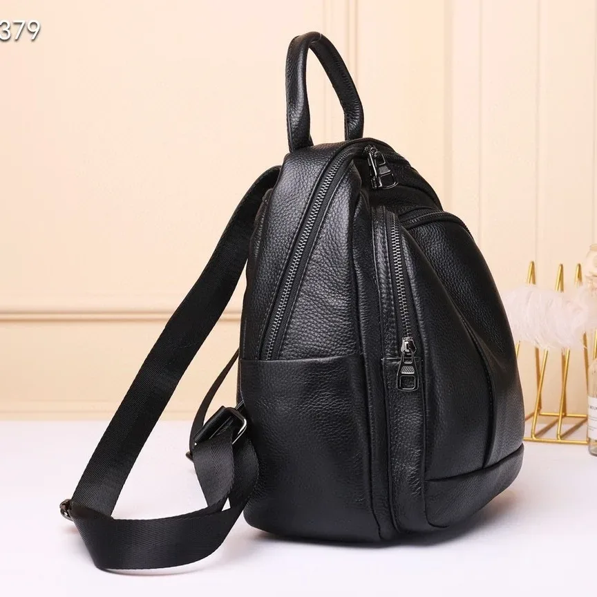 sac à dos en cuir de vachette véritable noir pour femme, sac à dos décontracté antivol pour femme, sac initié en cuir véritable, motif solide, sac à dos scolaire pour filles