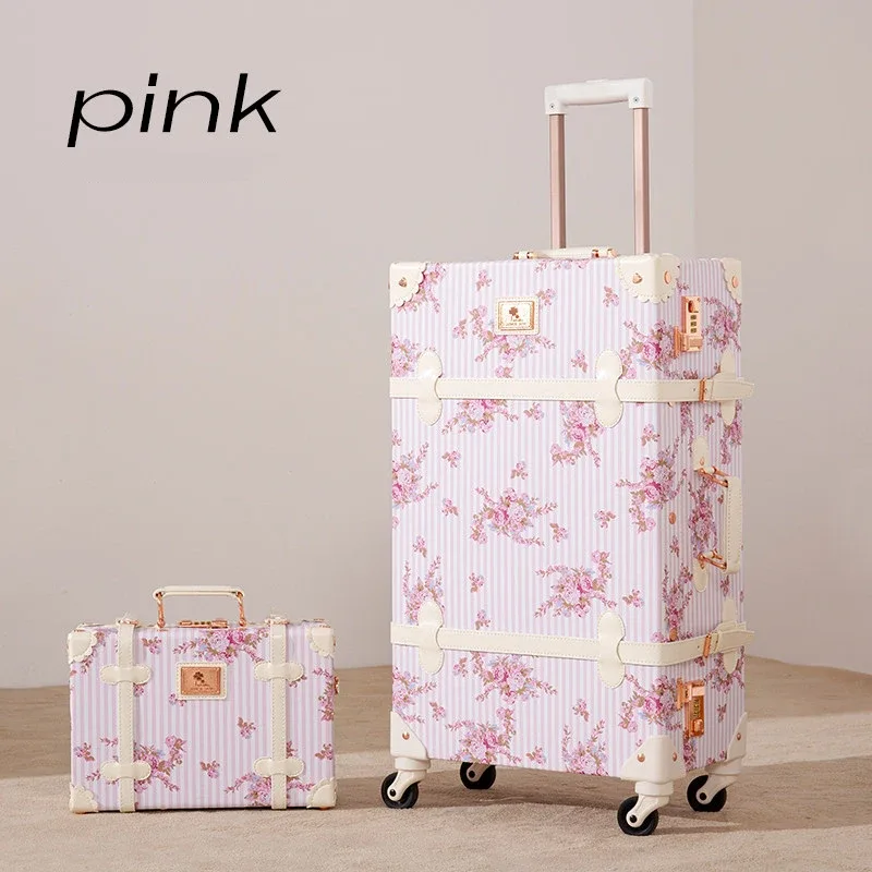nouvelle valise de voyage vintage pour femme, ensemble sac à main et bagage à roulettes, motif floral tendance, roues universelles, 20/22/24/26 pouces