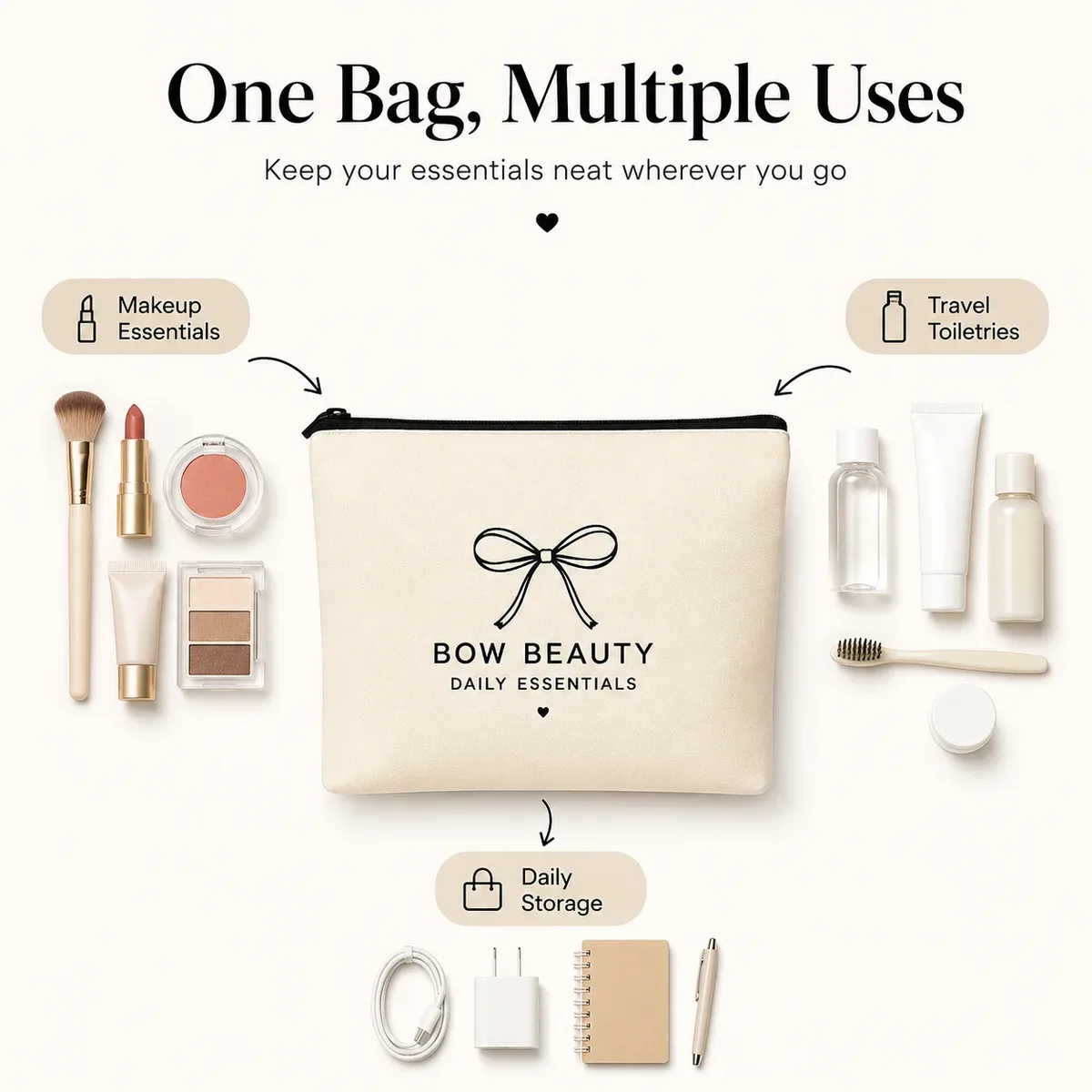 trousse de maquillage en toile avec nœud pour femmes, pochette cosmétique portable avec fermeture éclair, organisateur de voyage pour articles de toilette, sac de rangement quotidien pour essentiels de beauté
